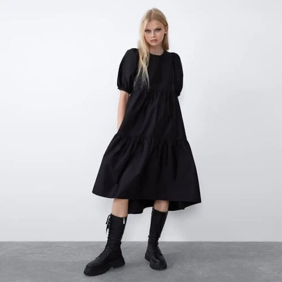 Zara Poplin Tiered Puff Sleeve Midi Dress Black Size XS - Picture 2 of 11